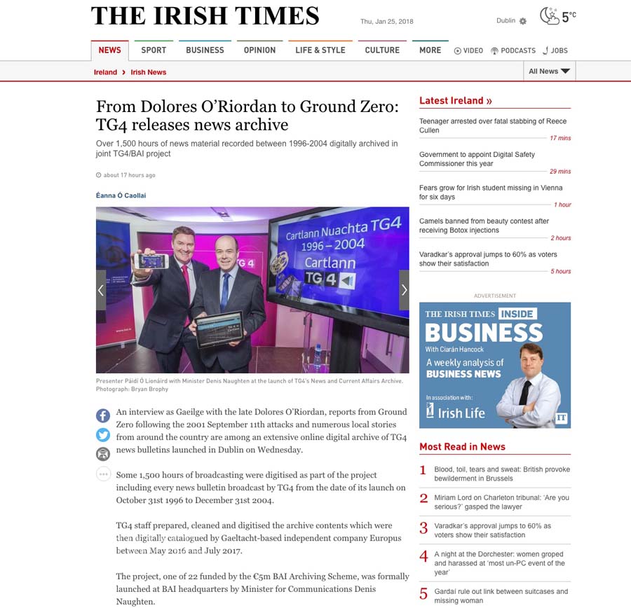Corporate Press PR Photographers Dublin TG4 Archives launch photocall Irish Times Coverage www.1image.ie 
