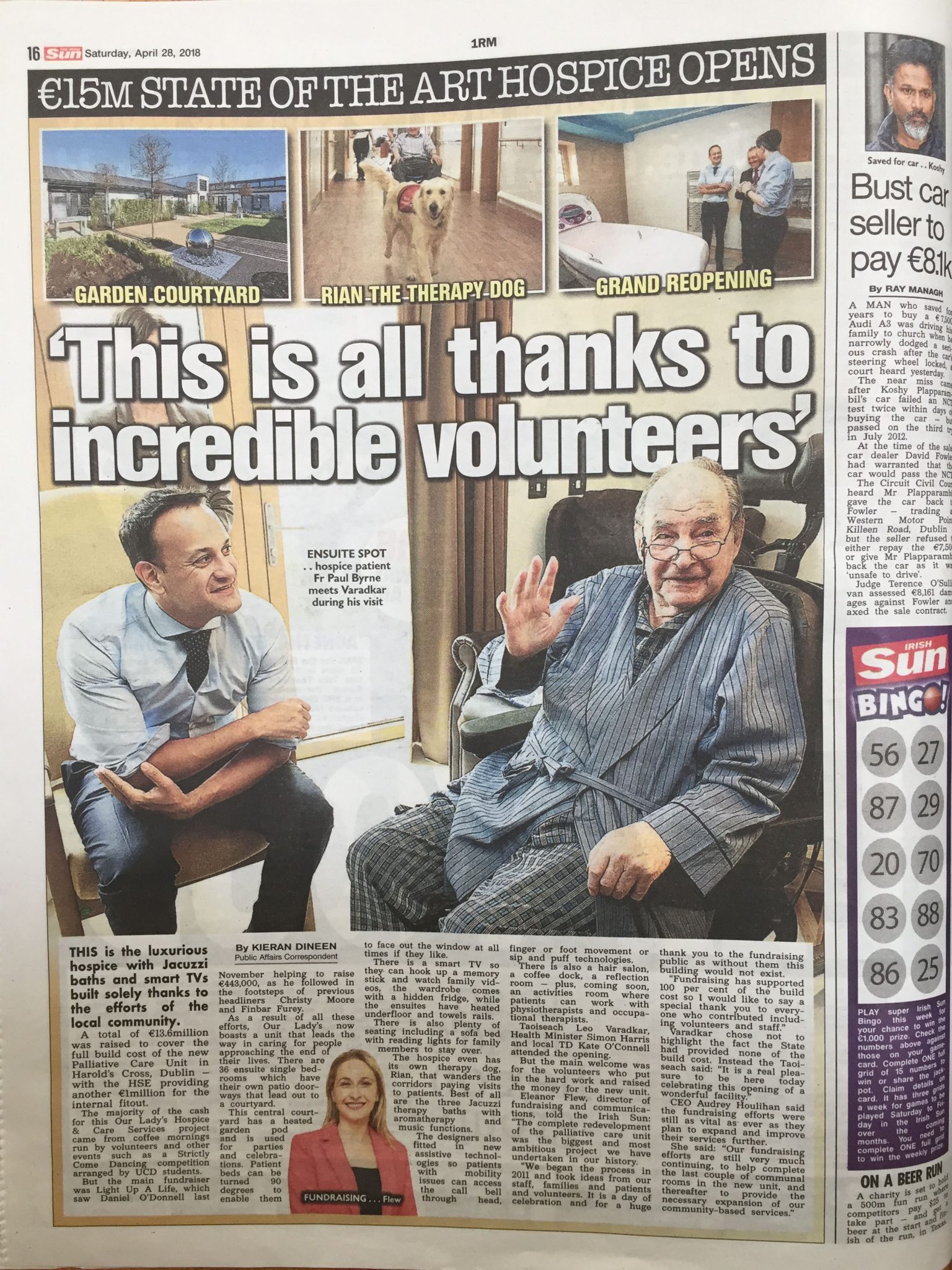 Press PR Photography: Get results! Leo Varadkar with OLH patient www.1image.ie media coverage Irish Sun press tearsheet