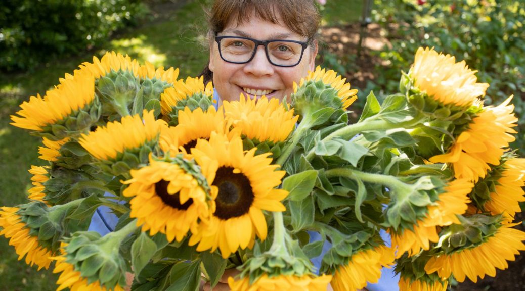 Nurse wearing glasses holding large bunch of sunflowers Press & PR Photography